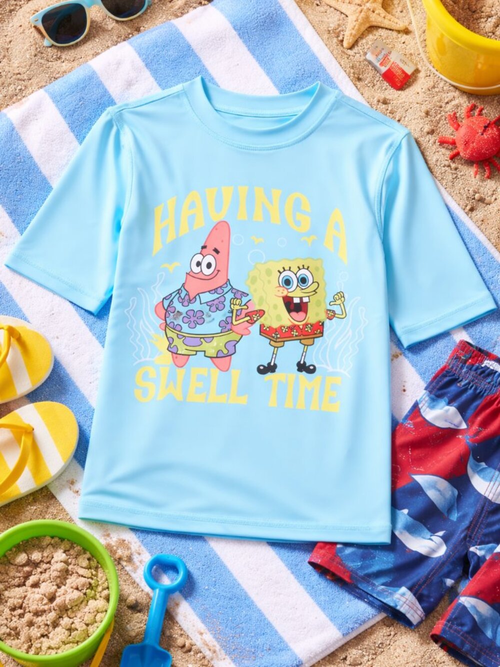 SpongeBob SquarePants Boys Rash Guard UV50 Swim Shirt Blue Sizes 4/5, 6/7 & 8